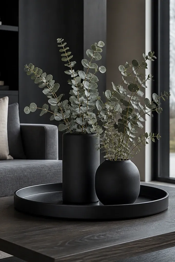 Black tray with two monochrome planters and green eucalyptus sprigs