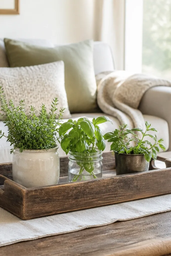 Wood tray with folded linen runner, small herb plants, and a small wooden bowl