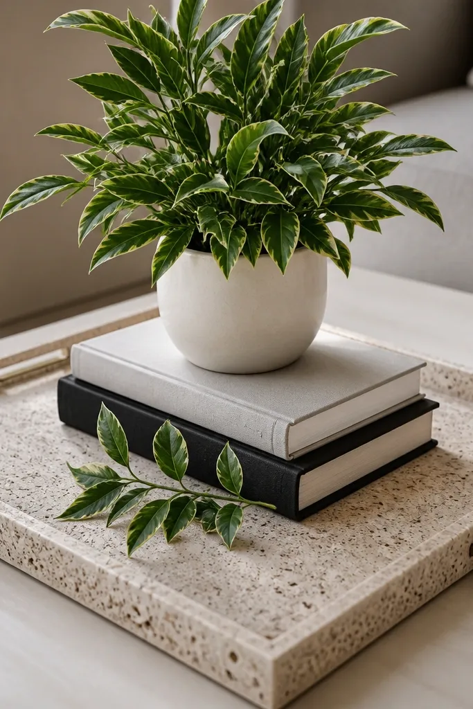 Light travertine-style tray with two small stacked books and a single leafy plant