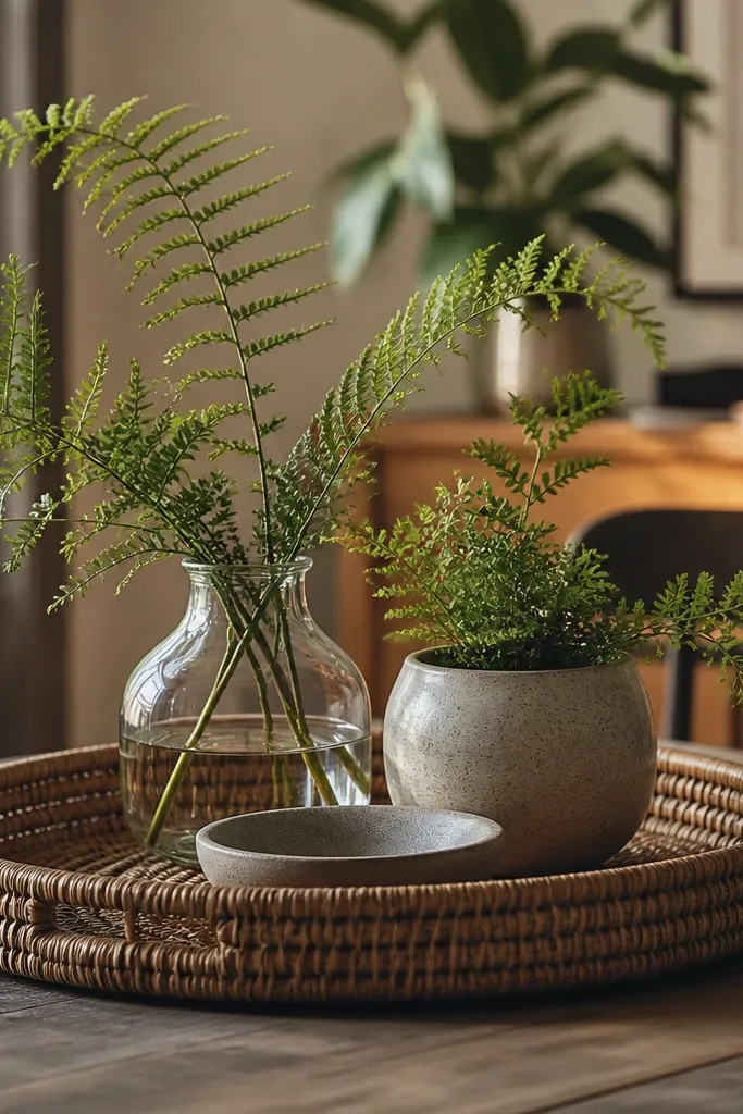 Rattan tray with airy fern fronds, mixed glass and ceramic vessels, and a small white bowl
