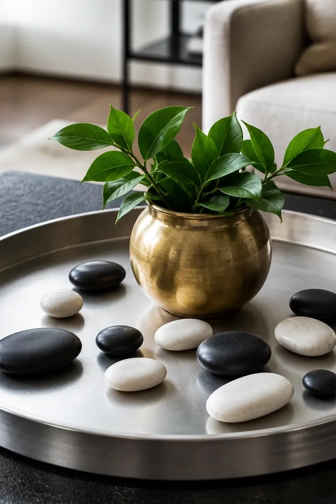 Silver metal tray with a brass planter, black-and-white stones, and a small candle