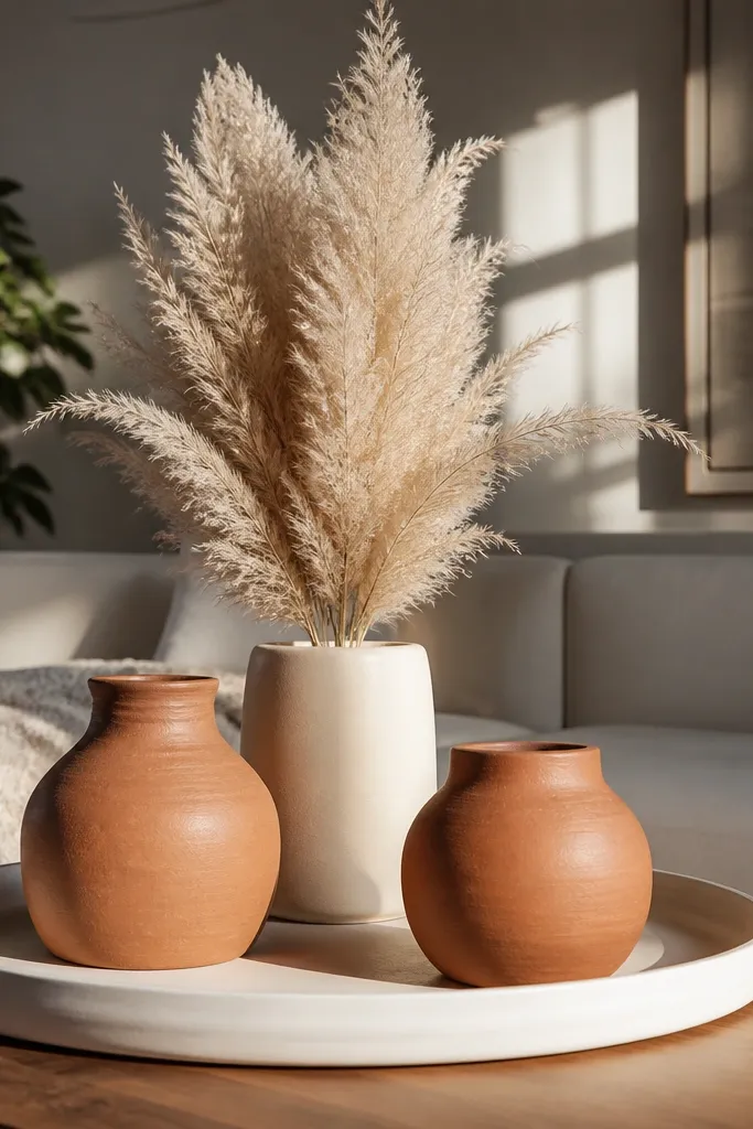 White shallow tray with terracotta planters and a dried pampas feather bundle