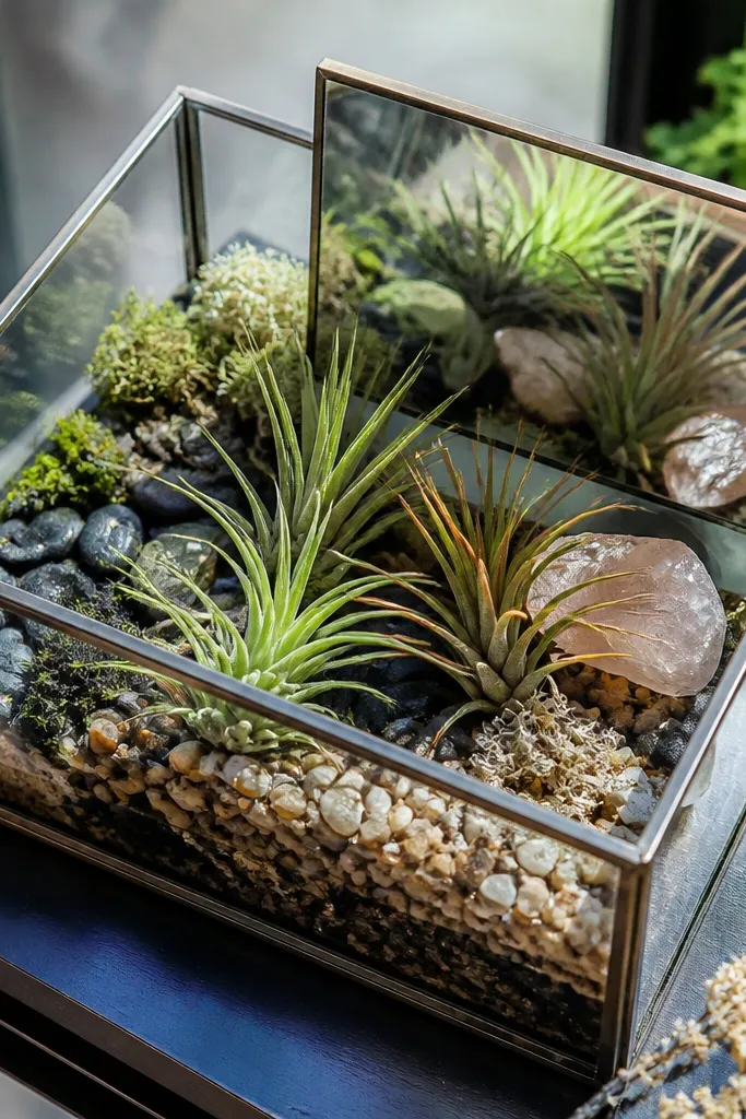 Glass tray with air plants, tiny stones, and a small mirrored tile