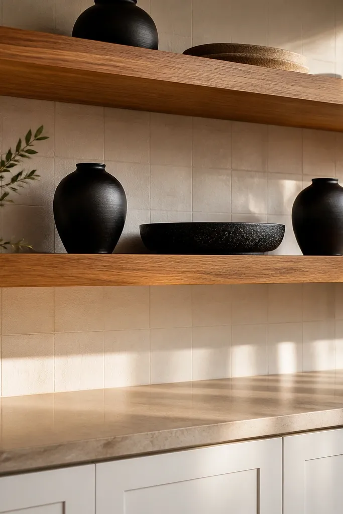 Light oak floating shelves with black ceramic jars and a folded linen runner