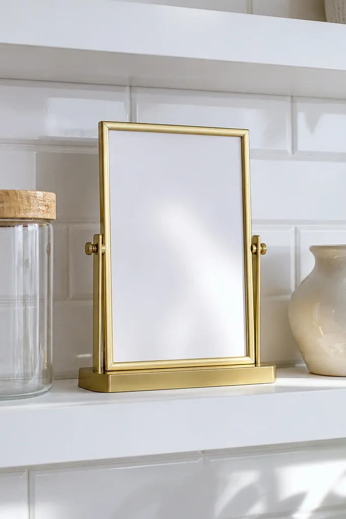 White floating shelves with brass frames and clear glass jars