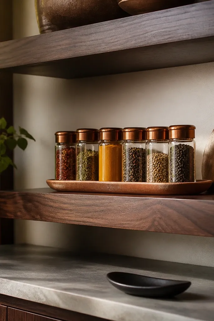 Dark walnut floating shelves holding spice jars and a small wooden tray