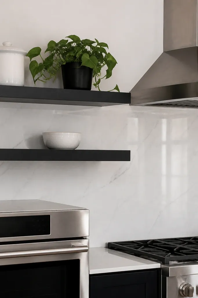 Black floating shelves with white stoneware and one small potted herb
