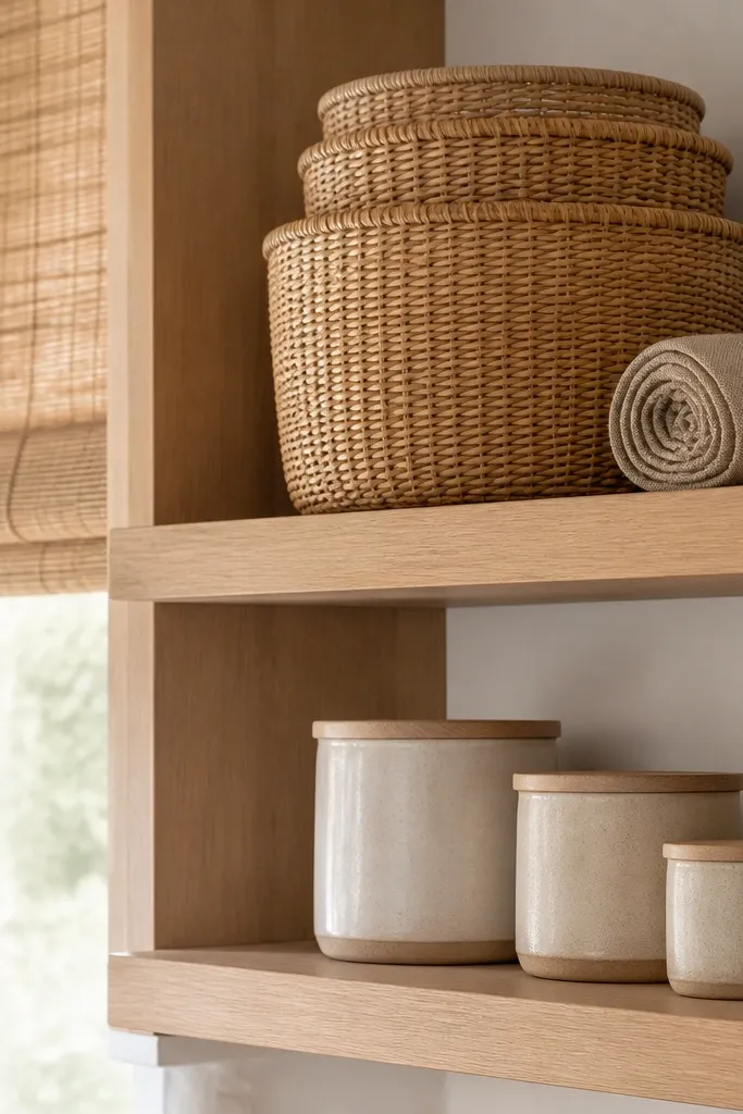 Natural rattan baskets on floating shelves with linen and three matching canisters