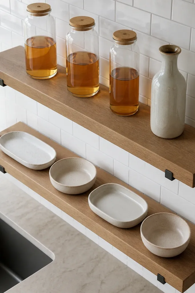 Two floating shelves with staggered jars and a tray, showing height variation
