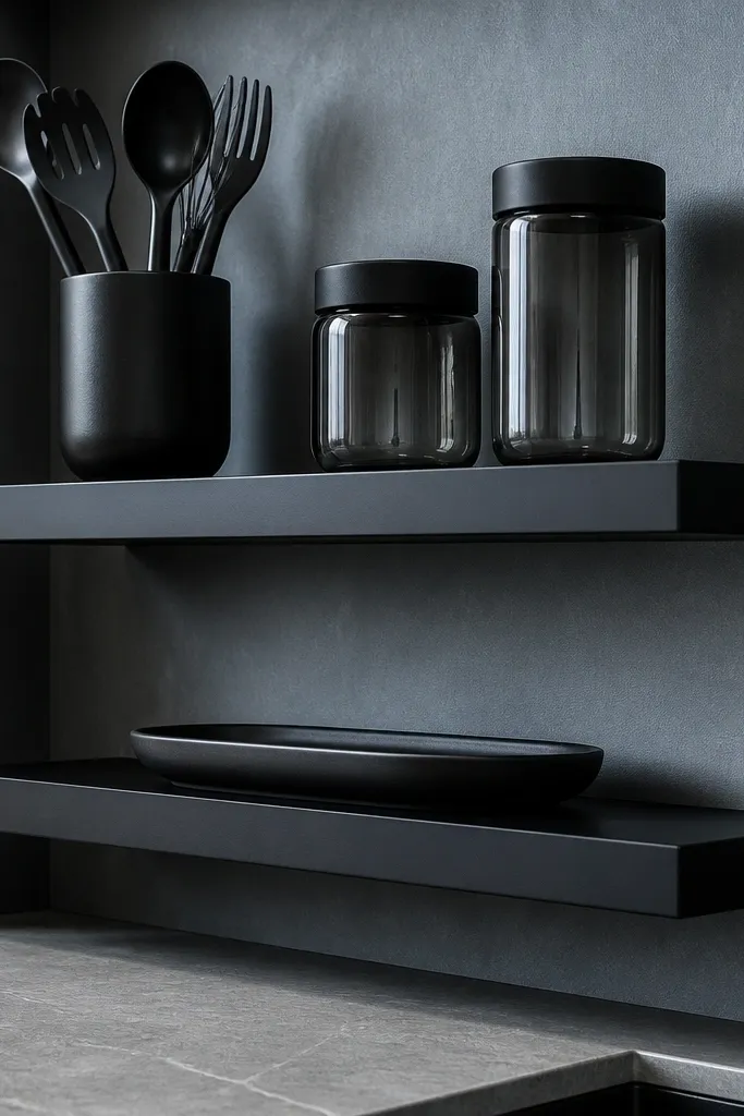 Matte metal floating shelves holding monochrome utensils in a holder and jars