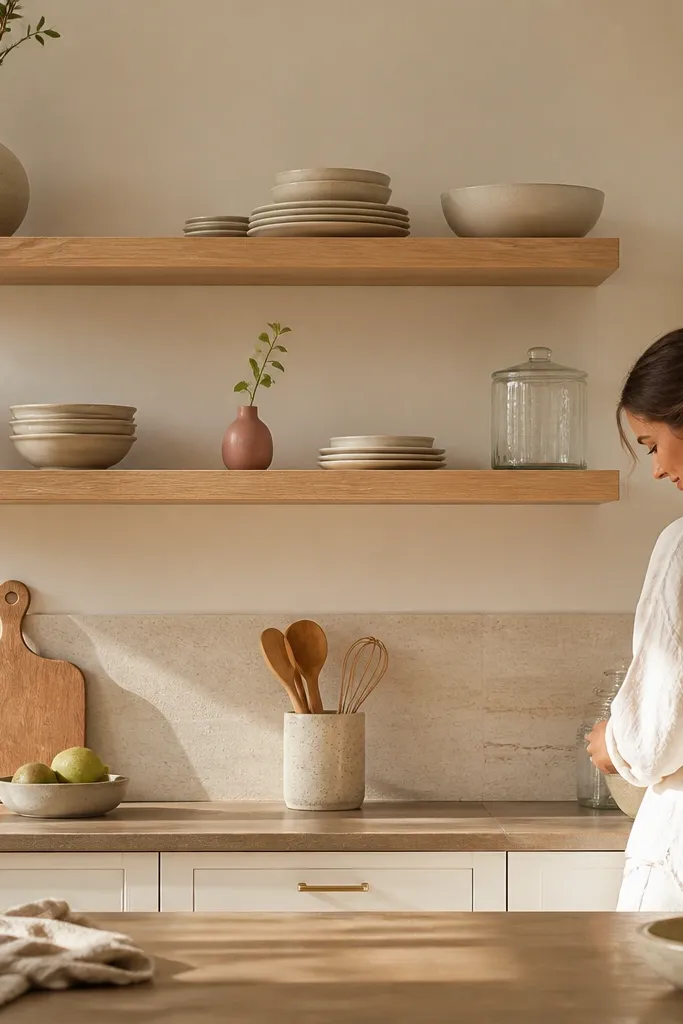 Light oak floating shelves with neutral jars and one small seasonal color vase