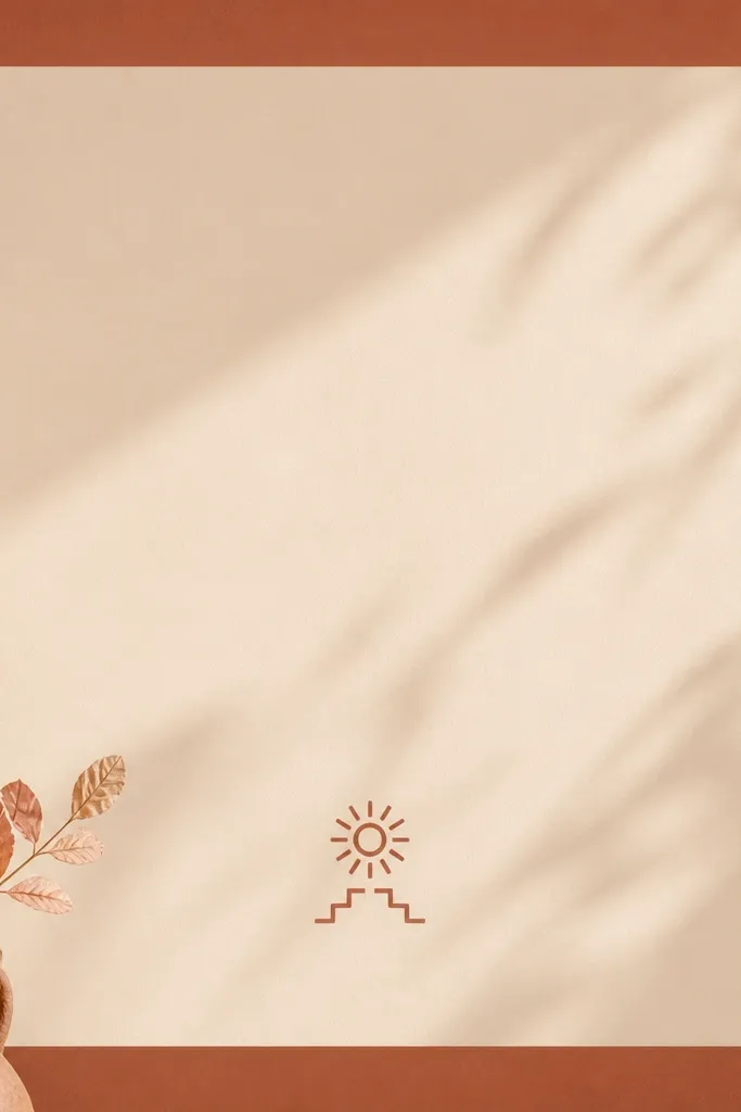 A terracotta border around a warm beige center. The title is in white script style, centered. A small terracotta icon sits beneath the title.
