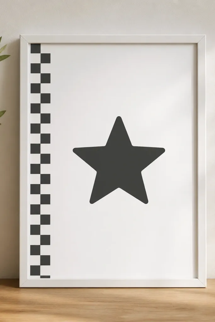 A simple white frame with a small checkerboard accent strip on one side. The title sits centered in dark gray. A single pop icon in one strong color appears near the bottom.