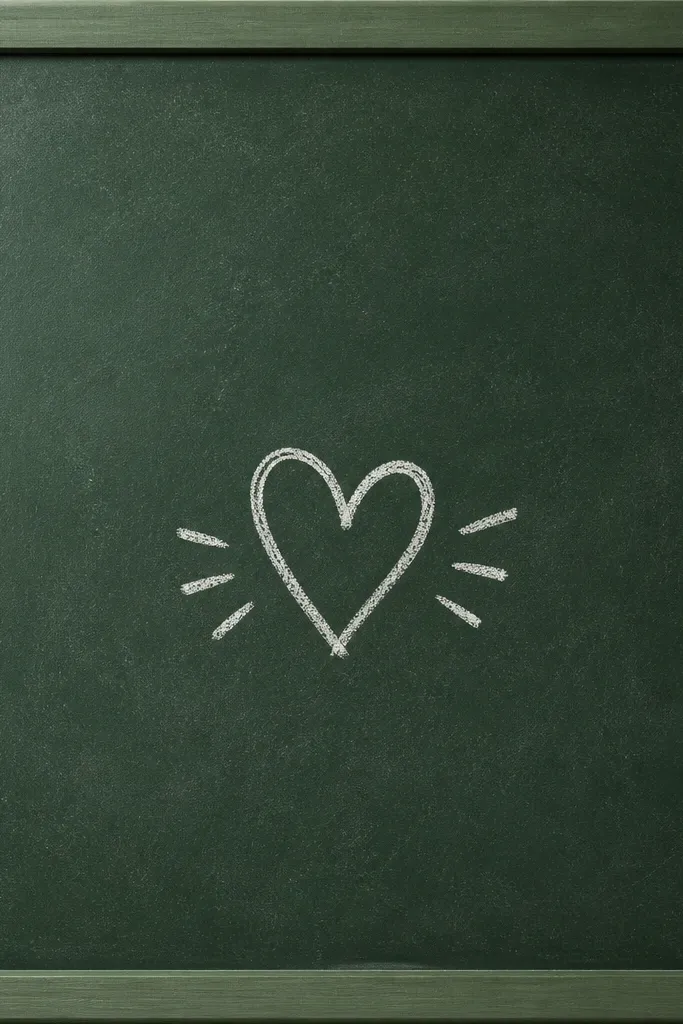 A dark green chalkboard background with faint chalk speckles. A lighter green frame surrounds it. White chalk-like text is centered with a small chalk doodle under it.