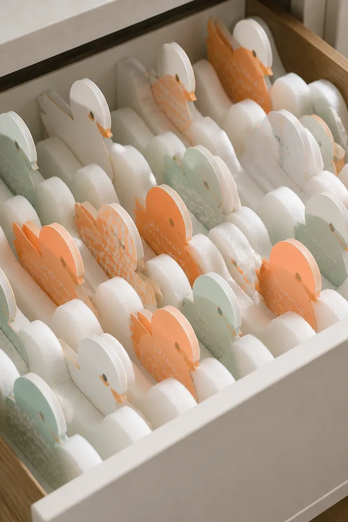 A shallow drawer with foam cutouts holding paper ducks upright