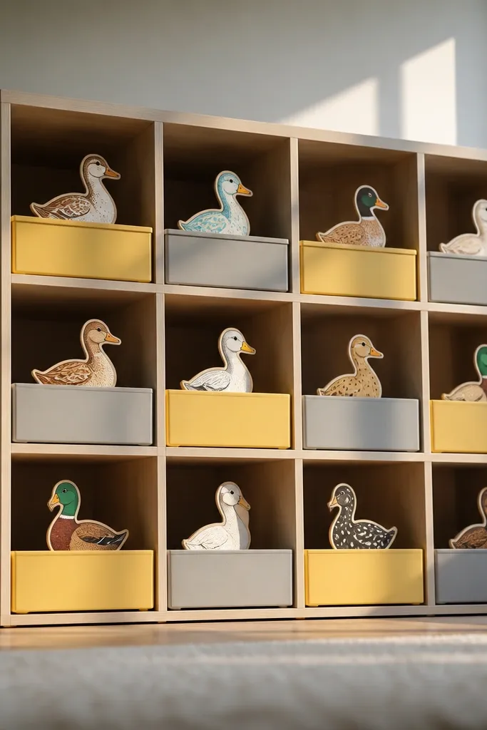 Small cube shelves with front-facing bins holding paper ducks