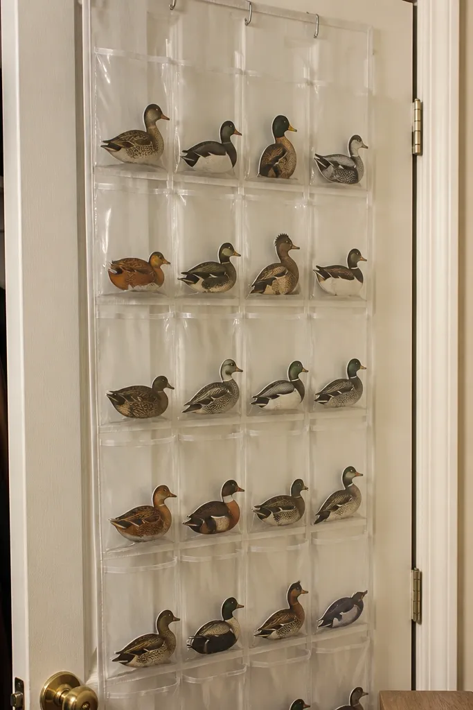 Over-the-door organizer with clear sleeves holding paper ducks