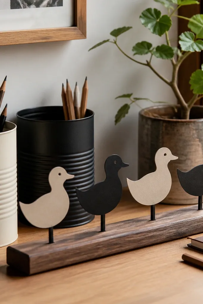 Painted tin cans with dowels holding paper ducks upright