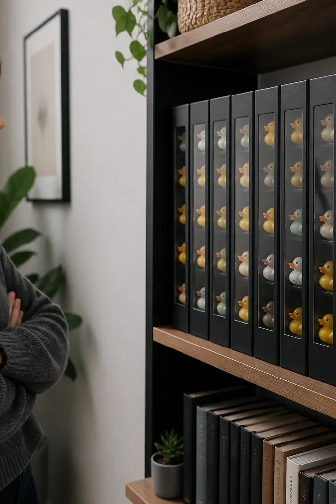 A book-shaped case with a clear window showing paper ducks inside