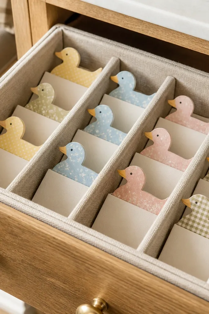 A linen-covered drawer insert with paper sleeves for each duck
