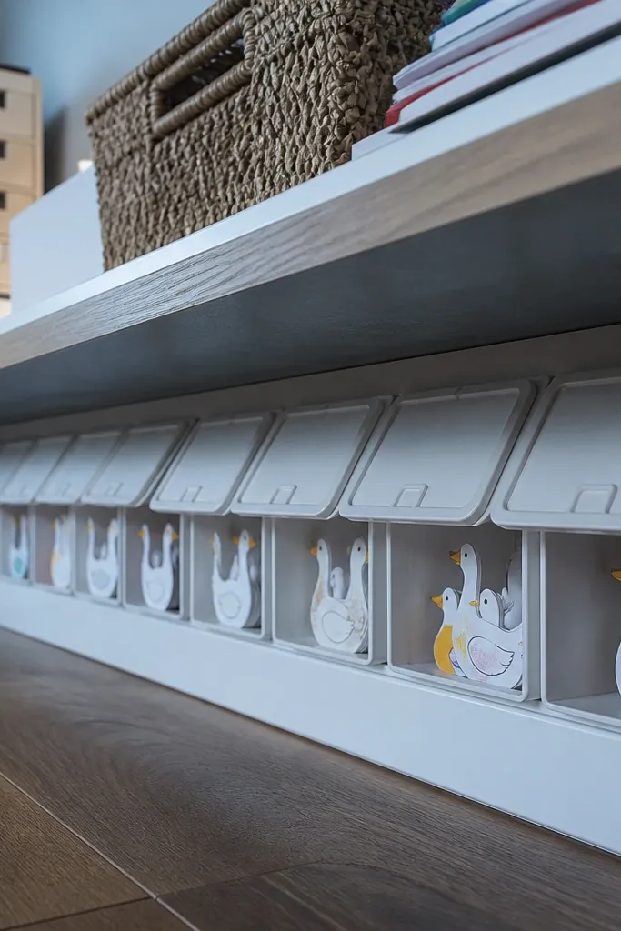 Flip-top bins under a shelf holding paper ducks