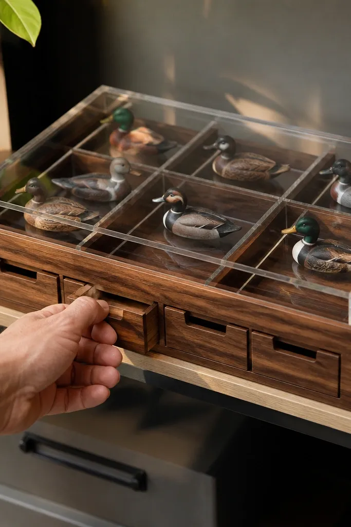A riser tray with labeled compartments for paper ducks