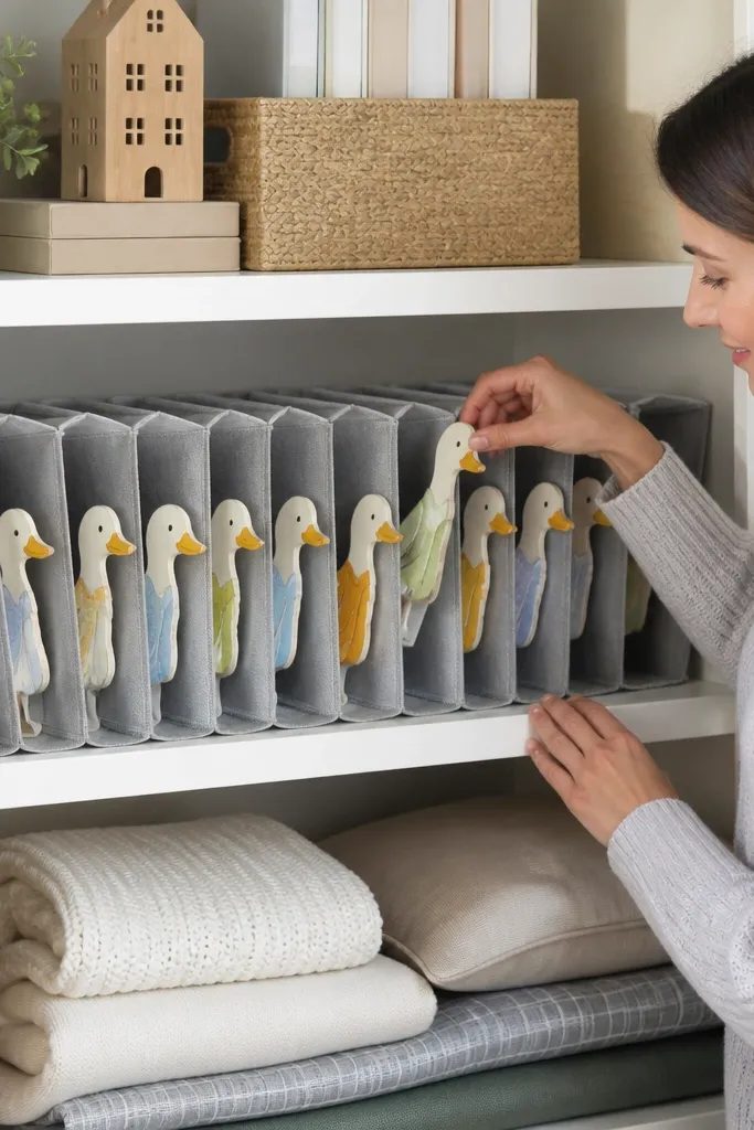 An accordion-style fold organizer holding paper ducks in folded sections