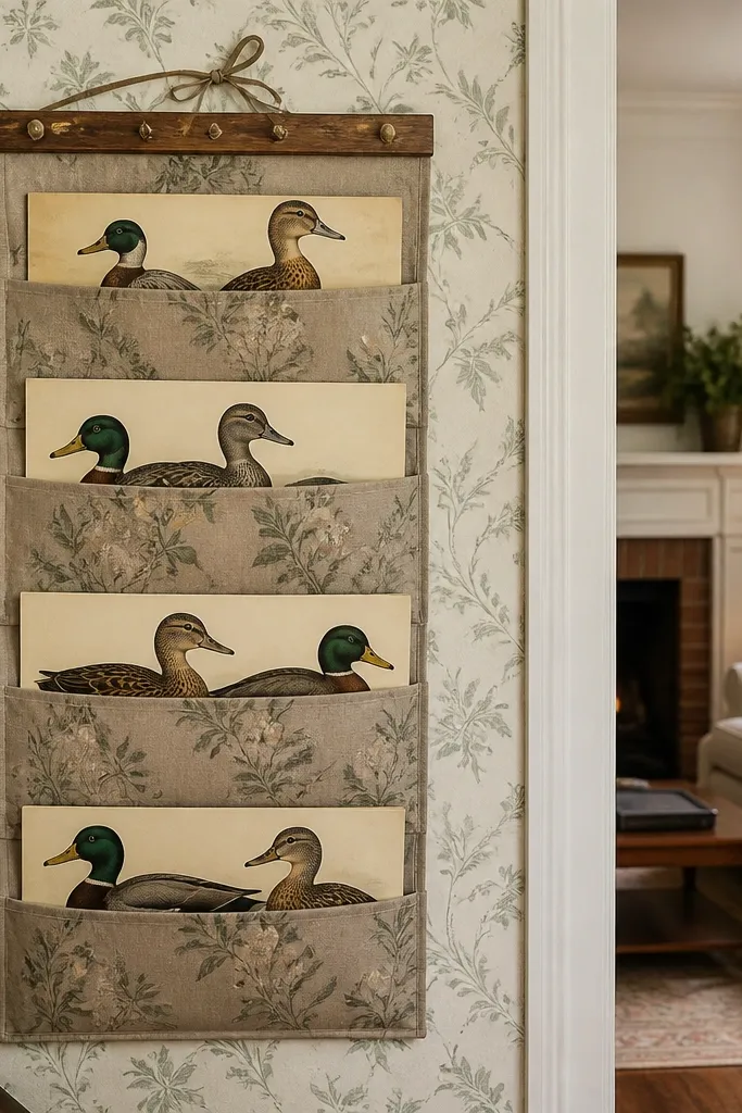 A hanging fabric pocket organizer with wallpaper panels and paper duck slots