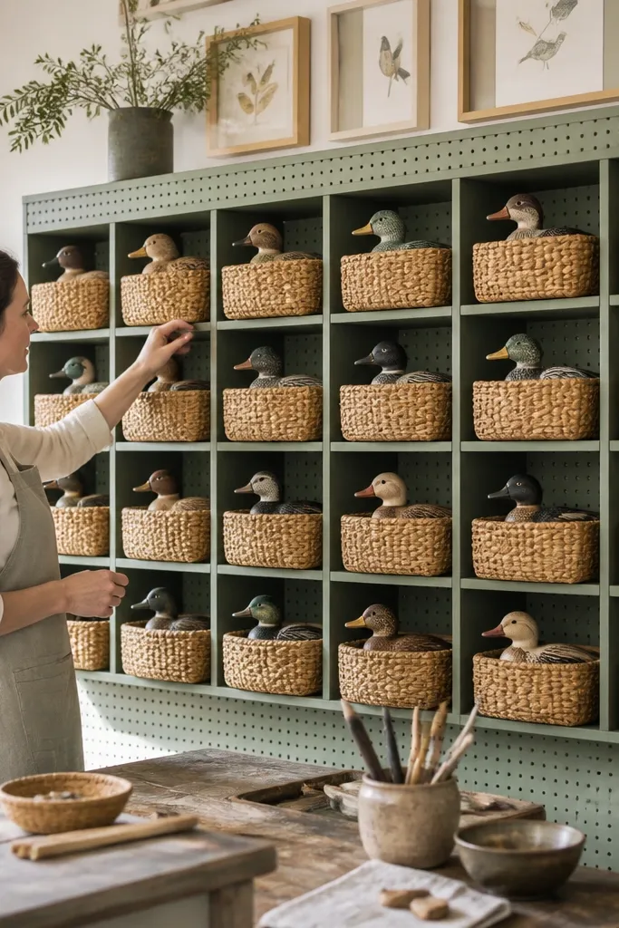 Pegboard with small shelves and mini baskets holding paper ducks
