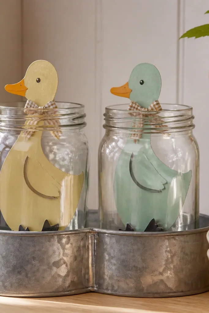 Mason jars in a wooden holder storing paper ducks