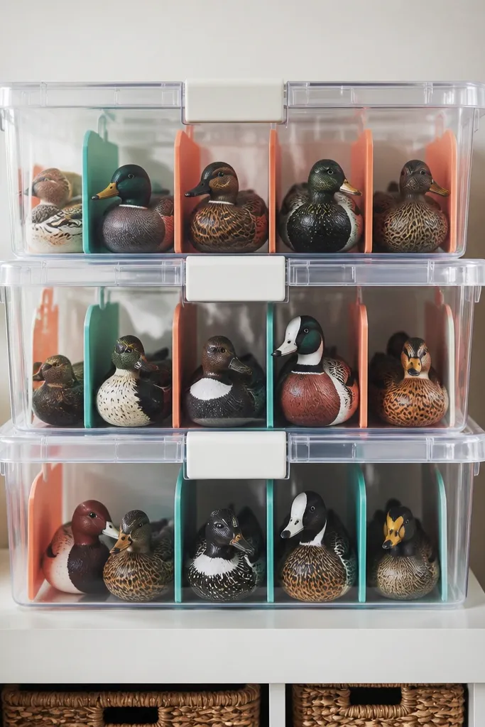 Clear stack boxes with colored dividers and paper ducks inside