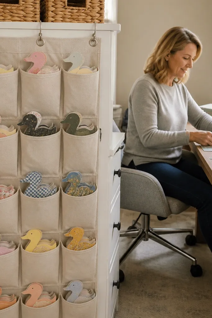A shoe organizer with pockets labeled and holding paper ducks