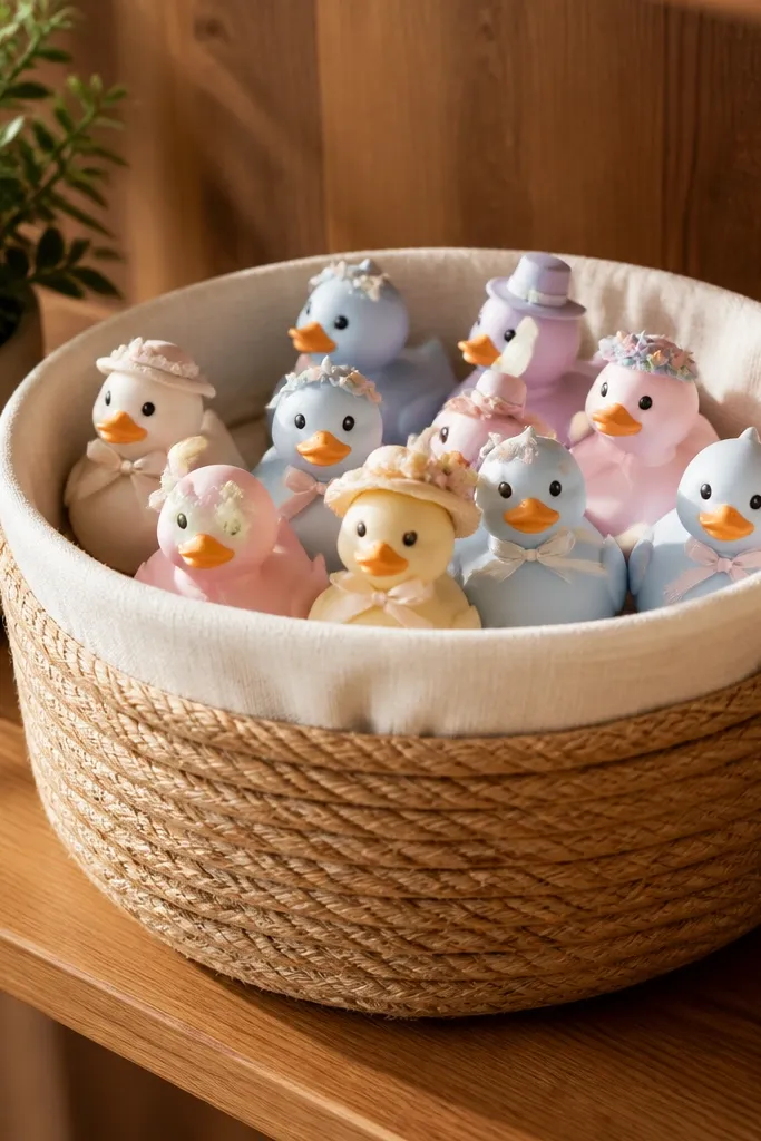 A rope basket with a removable fabric liner holding paper ducks