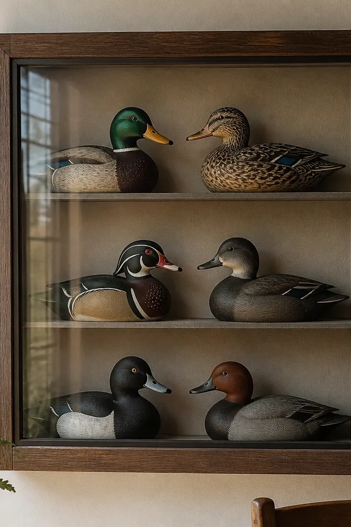 A shadow box frame with ducks arranged behind a glass front