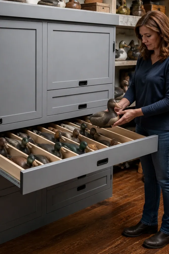 A pull-out tray with sections holding paper ducks