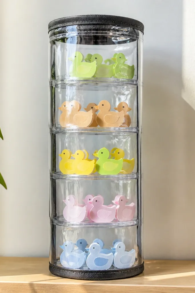 A roll-up organizer with clear film sections holding paper ducks