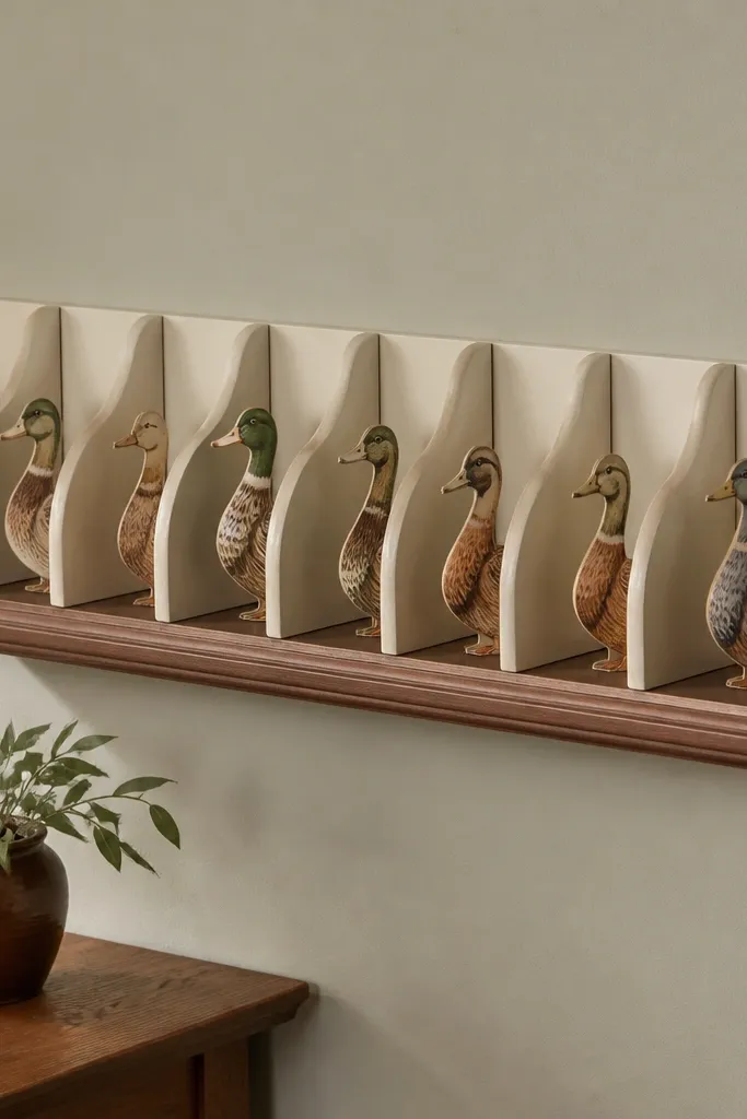 A small wall shelf with scalloped dividers holding paper ducks