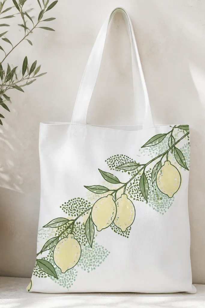 A white tote covered with a diagonal branch of lemons. Each lemon is outlined in dark green with pale yellow fill, and small dot clusters form leaf shadows in olive and mint.