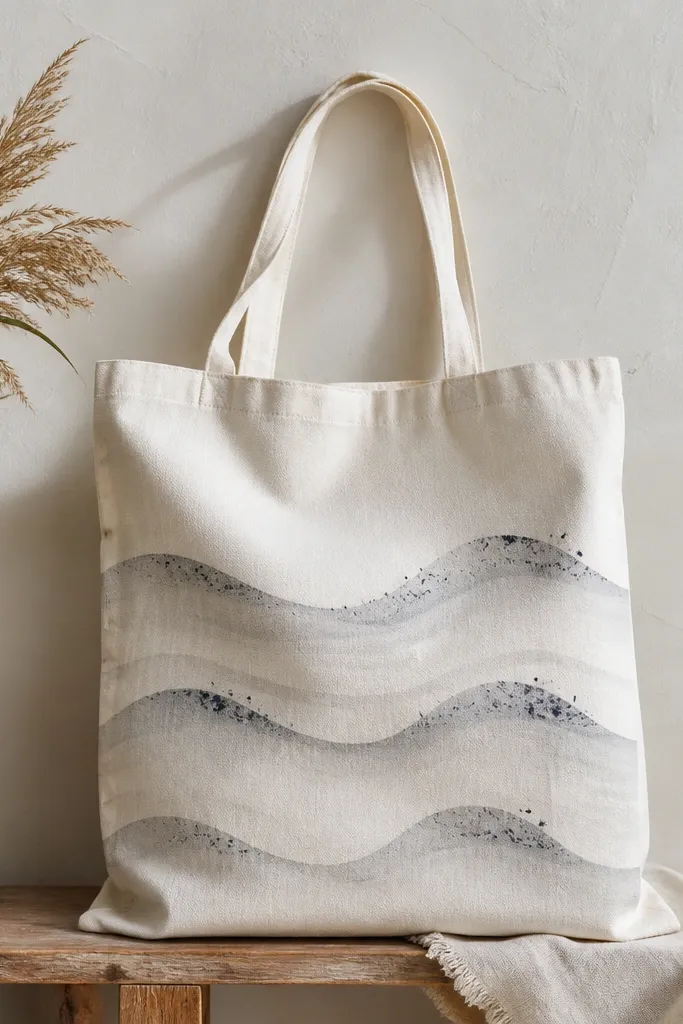 A natural cotton tote with three stacked wave layers. The waves are painted in light gray washes, and the crests have navy dry-brushed speckles that look like foam.