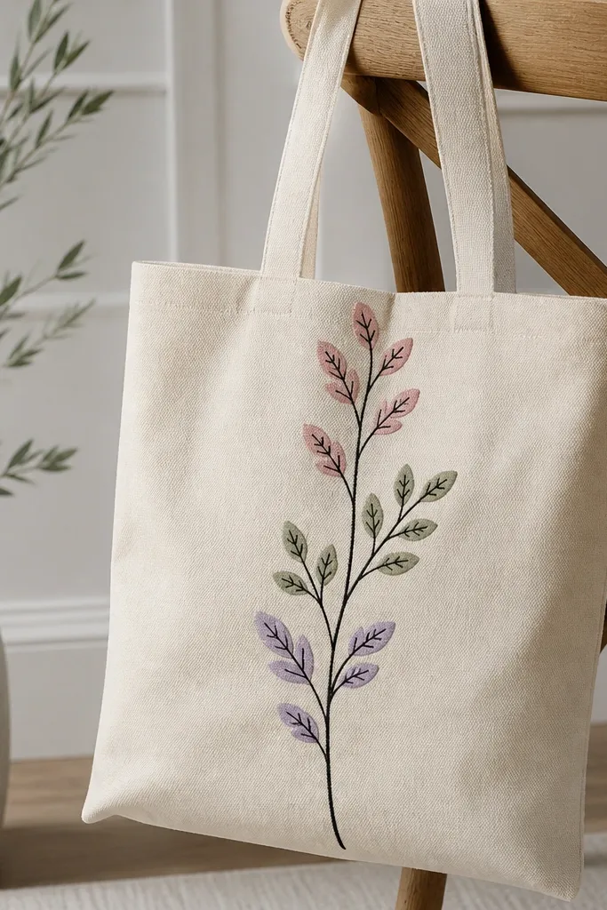A light beige tote with one thick black stem running vertically. Off the stem are small sprigs in dusty pink, sage green, and pale lavender, each with tiny vein lines drawn in black.