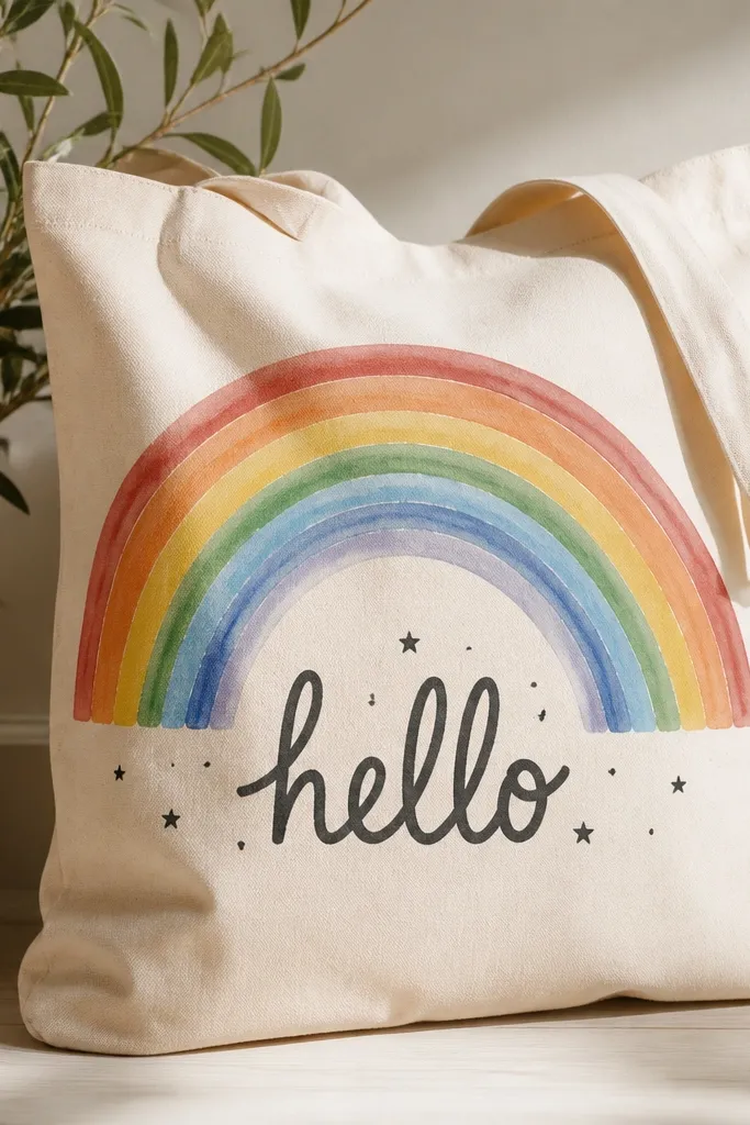 A cream tote with a large rainbow arc spanning the upper half. Under the arc, the word "hello" is painted in dark charcoal script with small star dots around it.