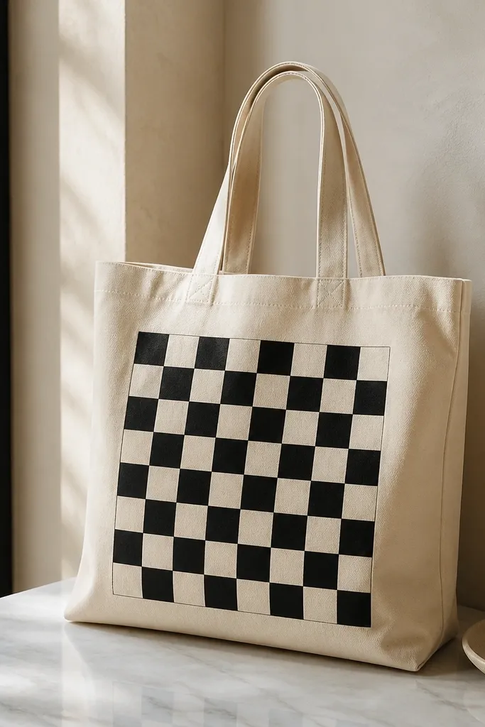 A tote with a rectangular panel on the front that looks like a checkerboard. The panel is black and off-white squares, with the rest of the bag left plain.
