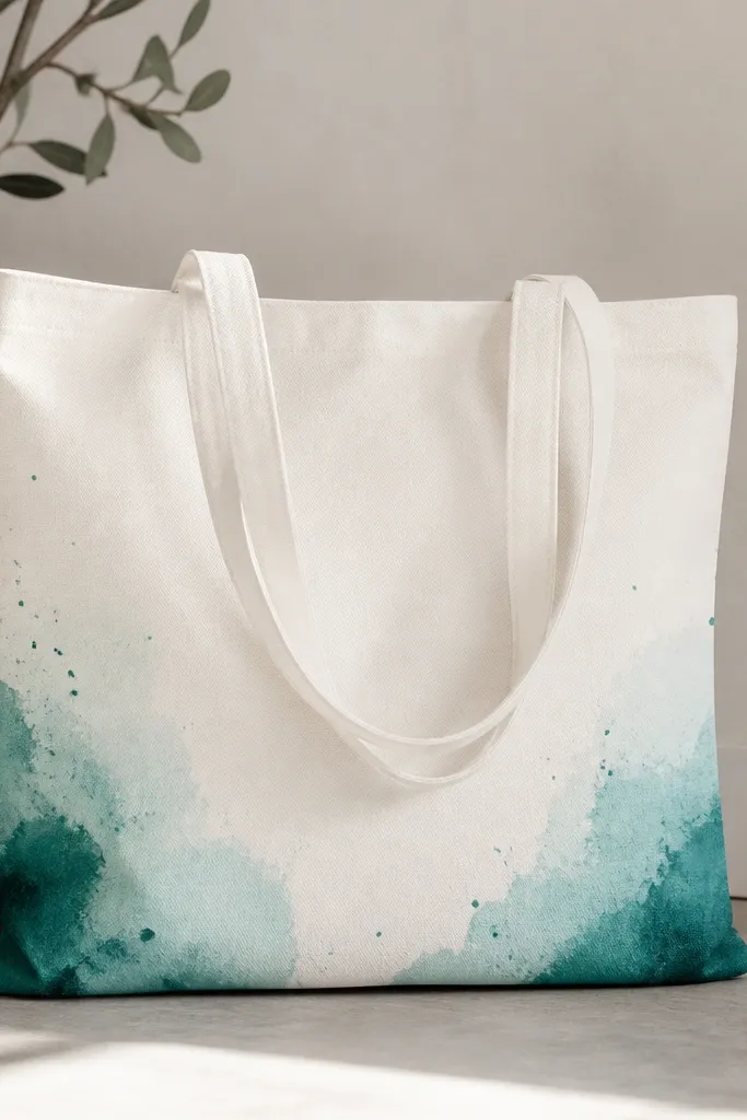 A white tote with soft watercolor ombré in the bottom corners. Each corner fades from deep teal to pale aqua, with a few controlled splatters in matching colors.