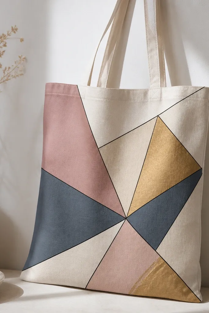 A tote with a cluster of overlapping triangles in dusty rose, cream, and slate blue. Two triangles have metallic gold paint highlights, and thin black lines separate each shape.