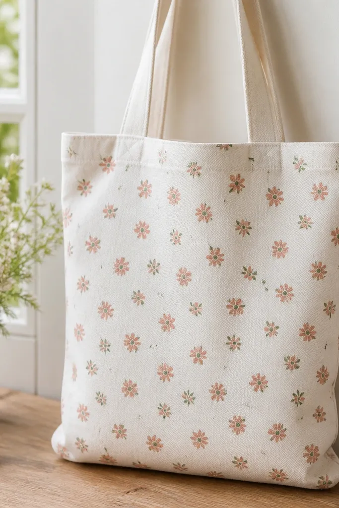 A natural tote with a repeating pattern of tiny five-petal flowers. Each flower is stamped in muted coral, with small green centers and occasional leaf stamps.