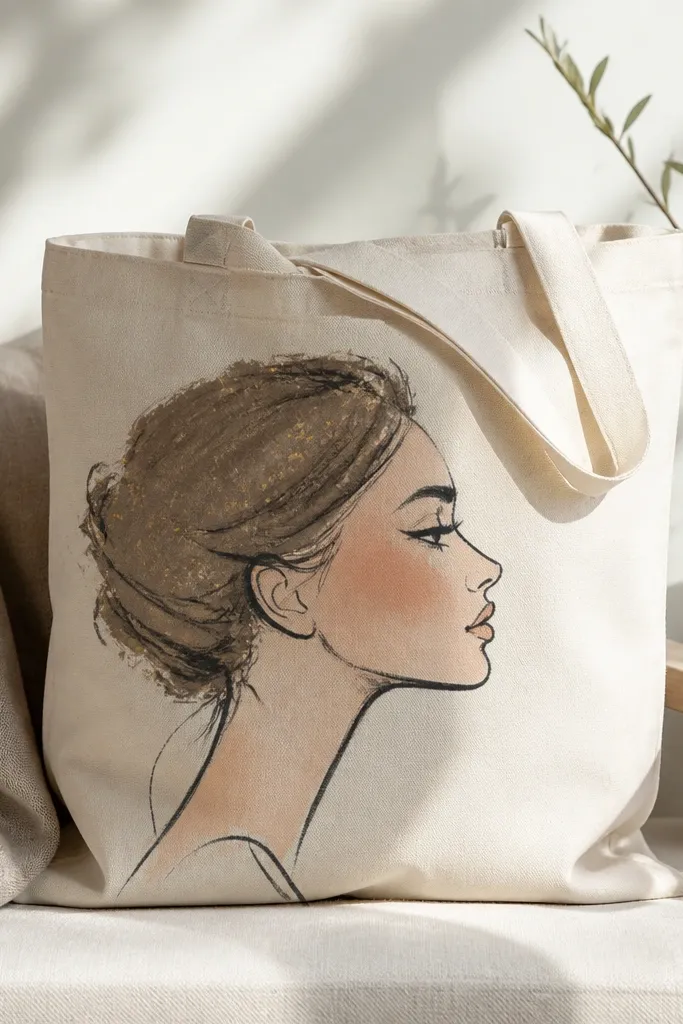 A tote with a single profile face painted in dark charcoal lines. The face is shaded with peach and light blush, and the hair is filled with muted brown and a few gold specks.