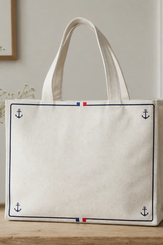 A tote with a thin navy border around the edges. Inside the border, the top and bottom have small French stripes, and each corner has a tiny anchor drawing in navy.