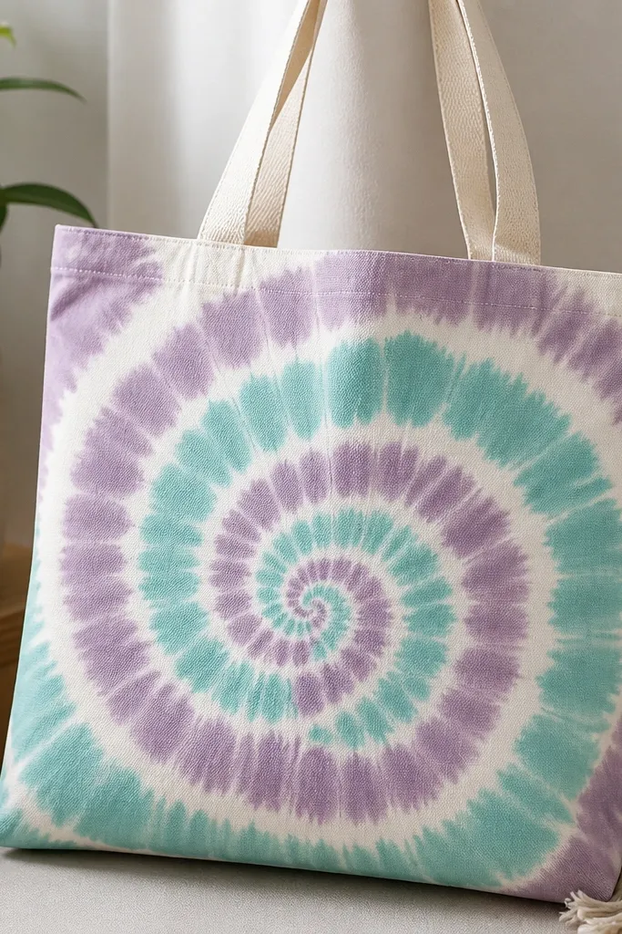 A cream tote with a spiral pattern radiating from the center. The spiral alternates bands of pastel purple and aqua, with crisp white gaps created by tape resist.