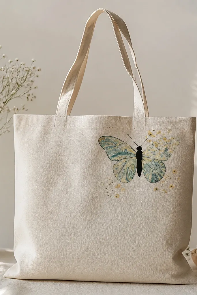 A tote with a butterfly perched near the top. The butterfly body is black, wings have marbled swirls in teal, pale yellow, and soft gray, and tiny flower dots sit near the wings.