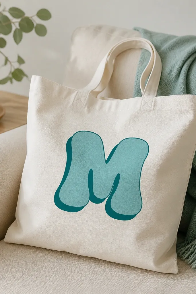A tote with a large bubble-letter monogram in teal. Behind it, a slightly offset darker teal shadow creates a layered 3D effect; the rest of the bag is blank.